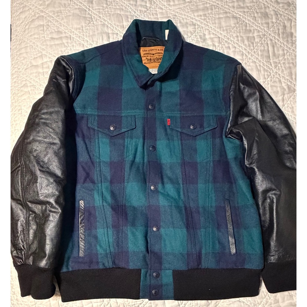 Levis Justin Timberlake Varsity Trucker Jacket Men Large Green Plaid Leather